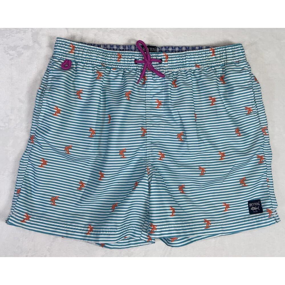 Men's XL Spicy Tuna Swim Trunks Striped Palm Tree Pattern Blue Green Pink Bold